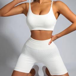 Conjunto de treino com nervuras para mulheres, ternos esportivos sem costura, roupas fitness, roupas de treino feminino, shorts de ioga branco - Image 1