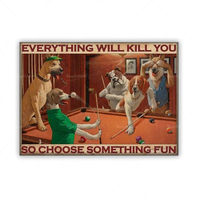 Impressão de Arte em Lona para Decoração de Casa - Cão Jogando Bilhar Snooker