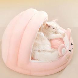 Cama de cama de gato com bola de pelúcia, semi-fechada, macia e aconchegante, cama de cachorro e gatinho, removível e fofa - Image 4