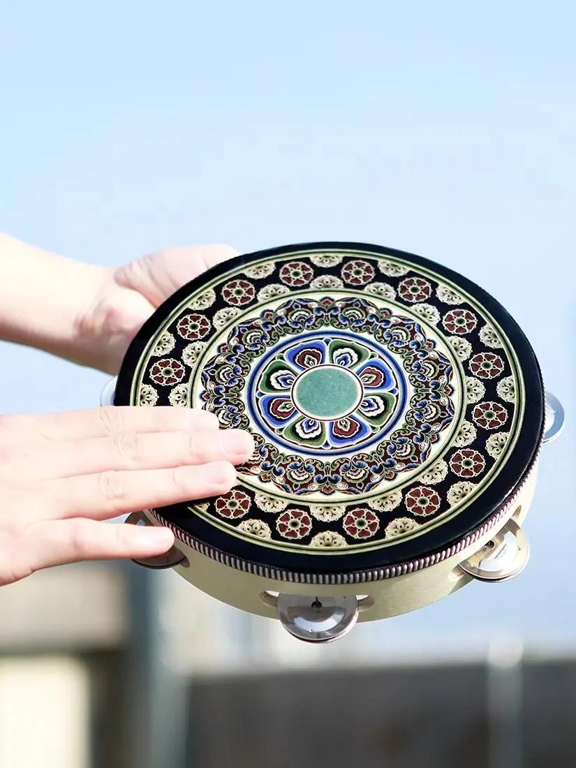Tamborim mão tambor com aço inoxidável sinos, Dunhuang estilo percussão, instrumentos musicais, Black Flower tambores, Orff, 8" - Image 1