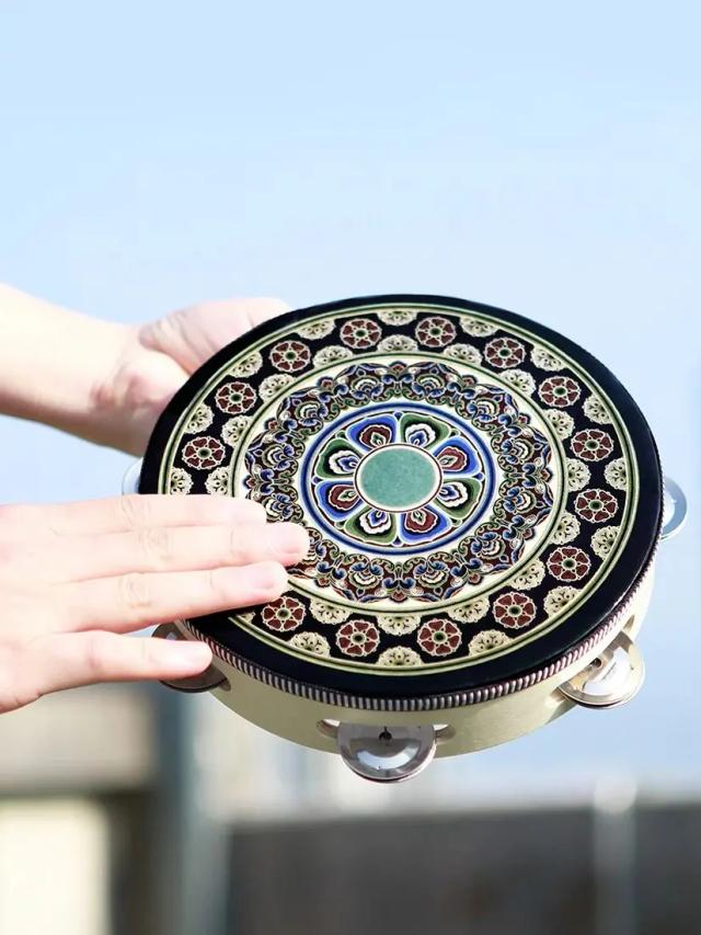 Tamborim de Aço Inoxidável com Sinos no Estilo Dunhuang - Percussão Musical Black Flower de 8" para Orff