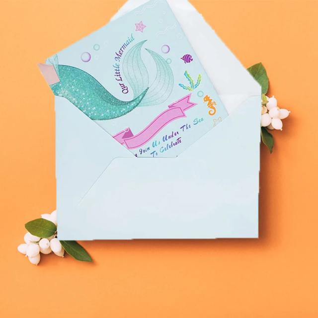 Convite de Aniversário Temático de Sereia com 12 Envelopes para Festa Infantil