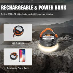 Lanterna de acampamento de alta potência Lâmpada de tendas USB recarregável Luzes de acampamento portáteis Lâmpada de suspensão noturna de caminhada ao ar livre 1800mAh - Image 3