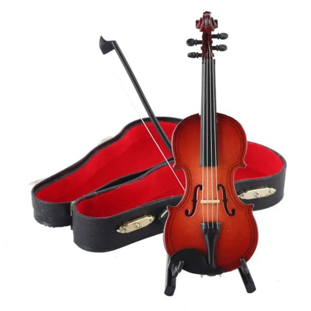 Violino Miniatura de Mogno com Suporte Multidimensional - Artesanato Musical e Decoração Elegante para Casa