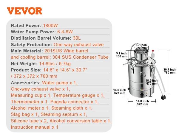 Destilador de Álcool Doméstico VEVOR com Tubo de Aço Inoxidável e Válvula Unidirecional - Capacidade de 30L e 50L