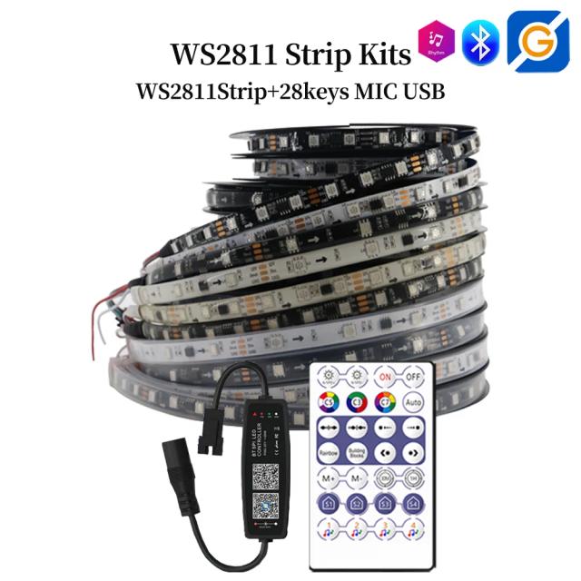 Tiras de LED WS2811 Direcionáveis 30/48/60/144 Pixels RGB 5050 com Controle Musical e 28 Teclas 12V