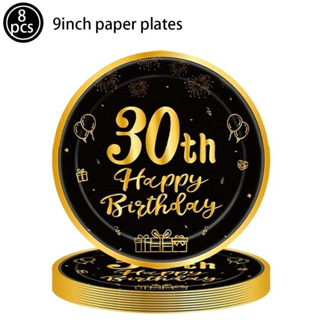 Louça Descartável Preto e Ouro: Pratos, Copos e Guardanapos para Festas de Aniversário em Todas as Idades