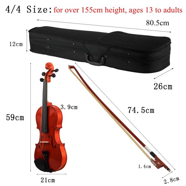 4/4 3/4 1/2 1/8 violino acústico cor natural/preto violino para violino iniciante com estojo e arco