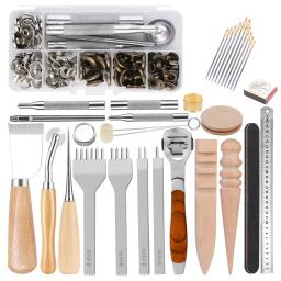 Kit de ferramentas para artesanato em couro com botão de metal, conjunto de fixadores, perfuração, escultura, sela de trabalho para costura manual diy - Image 1