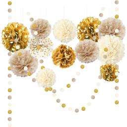 Pompons de papel para decorações de aniversário, guirlandas ponto, pano de fundo pendurado para o ano novo, decoração de natal, ouro champanhe bege, 15PCs - Image 1