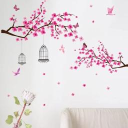 Adesivos de parede florais para quarto e sala de estar, flor de pêssego rosa, ramo de flores e pássaros, decalques para decoração - Image 6