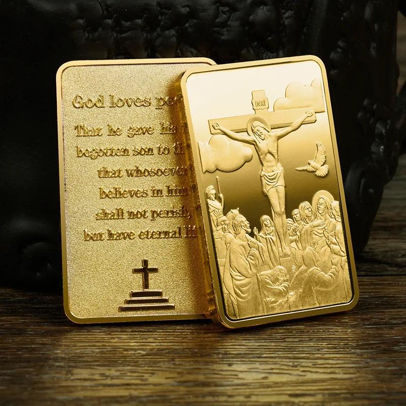 Jesus Cristianismo Gold Bar Cruz Banhado A Ouro Lembranças Deus Ama Pessoas Moedas Colecionáveis Coleção Medalha para Casa - Image 1