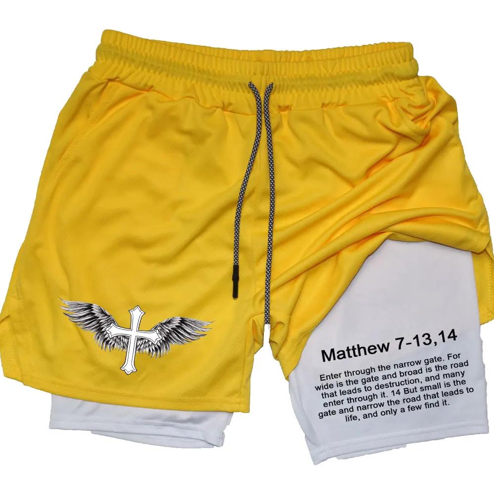 Calção de compressão esportiva casual masculina, performance impressa na Bíblia, malha, corrida, calça curta esportiva, treino para adultos, 2 em 1 - Image 1