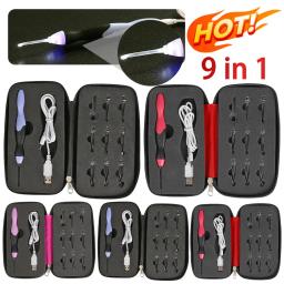 Ferramentas De Costura Set com Luz LED, Crochet Ganchos, Agulhas De Tricô, DIY Tecelagem, Camisola Kit Ferramentas, Acessórios De Costura, USB, 9 em 1 - Image 1