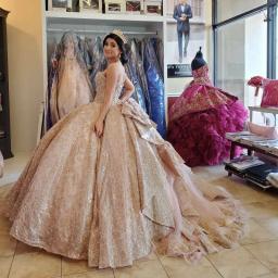 Vestido Quinceanera rosa brilhante com arco de flores de cristal, vestido de tule sem ombro, apliques dourados, festa de aniversário de 15-16 anos - Image 2