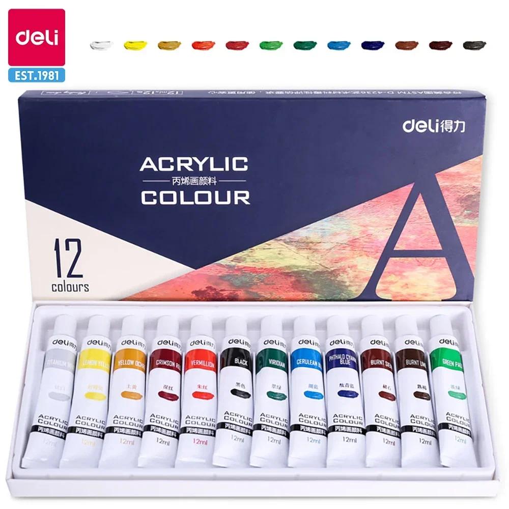 Conjunto de Tintas Acrílicas Deli-Não Tóxicas para Iniciantes e Artistas Profissionais, Suprimentos de Pintura, 12ml, 12 24 Cores - Image 1