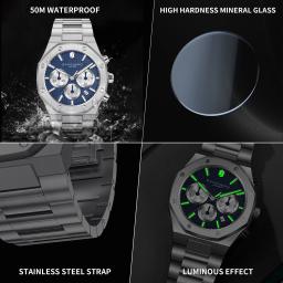 Sapphero relógio masculino à prova dwaterproof água função cronógrafo data brilhante mãos relógio de aço inoxidável relógio de negócios para presente masculino - Image 4