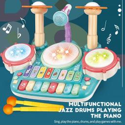 Brinquedo de bateria com instrumentos musicais, luzes de microfone, teclado piano, aprendizagem precoce, brinquedos educativos para crianças, menina de 3 anos - Image 1