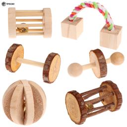 6 Pçs/set Pet Hamster Mastigar Brinquedos Acessórios Gaiola de Chinchila Coelho Brinquedos De Madeira De Madeira Natural do Exercício Do Dumbbell Sino Rolo - Image 2