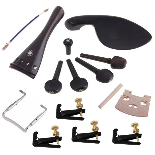 Conjunto Completo de Acessórios para Violino: Cordas, Cavilhas, Cauda, Prego e Descanso de Ombro em Ébano