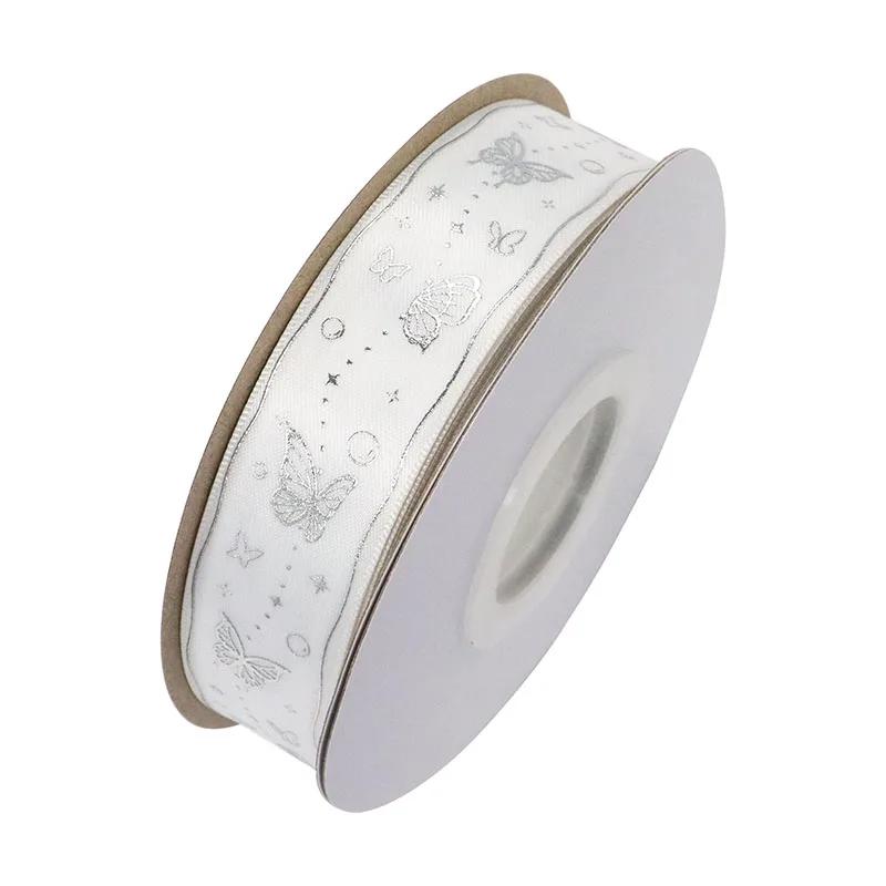 Fita de cetim para embrulhar flores, artesanato bowknot, laser, ouro e prata, impressão de borboletas, único lado, 1 em, 25mm - Image 1