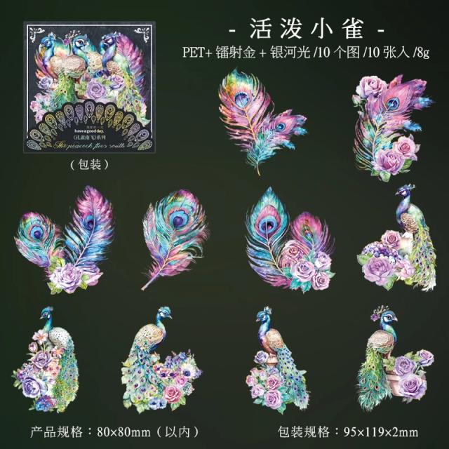 Conjunto de 10 Adesivos Decorativos de Pavão para Scrapbooking e DIY