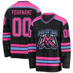 Jersey de hóquei no gelo personalizado para homens e mulheres, camisas de treinamento de competição, 3D imprime seu nome e número, preto e rosa - Image 1