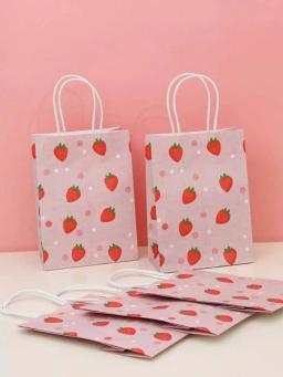 Sacola de papel kraft, saco do presente da impressão do morango, desenhos animados da fruta, 1 conjunto de 4pcs - Image 6
