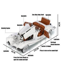 Mercedes-Benz-500K Brinquedo de carro vintage clássico para crianças, modelo diecast liga miniatura, coleção de som e luz, presente para meninos, 1:24 - Image 6