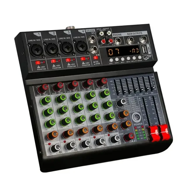 Mixer de Áudio Profissional com USB e 6 Canais Estéreo, Controlador DJ para Karaokê e Interface de Mistura para PC com 2 Canais