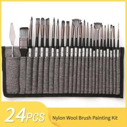Pincel De Pintura Acrílica Conjunto com Cabo De Madeira, Arte Pincéis De Pintura, Nylon Apontou Cabelo, Pintura A Óleo DIY, Raspador, Suprimentos, 24Pcs - Image 1