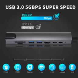 Usb 3.0 hub para computador portátil adaptador pc pd estação de doca de carga rj45 hdmi-compatível tf/sd cartão notebook tipo-c divisor - Image 6