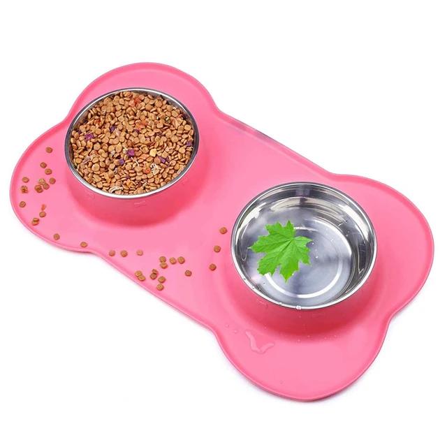 Tigela Antiderrapante Dupla com Esteira de Silicone em Aço Inoxidável - Alimentador de Água para Cães e Gatos