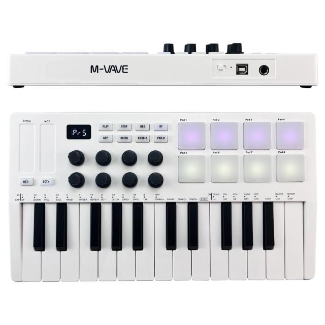 Teclado MIDI Portátil M-VAVE com 25 Teclas, 8 Almofadas RGB Retroiluminadas e 8 Botões para Produção Musical