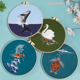 Bordados Starter Kits com Padrão Costeiro, Animal Tartaruga Seabird para Adultos, Iniciante, Ponto Cruz Needlepoint, Praia Carimbada - Image 1