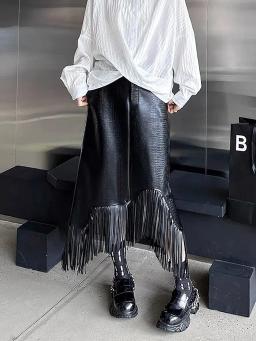 Cintura elástica franja saia preta na moda roupas femininas elegante cintura alta a linha saias de couro y2k 2025 verão novo - Image 5