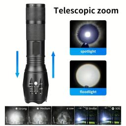 Lanterna LED Zoomable, 5 Modos, Lanternas Táticas de Alta Potência, Caminhadas ao ar livre, Pesca, Impermeável, Tocha De Acampamento, Liga De Alumínio - Image 2
