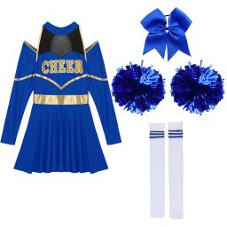 Trajes de dança de torcida para mulheres, vestido manga comprida com pompons, meias para menina de escola, fantasias de Halloween para líderes alegres - Image 5