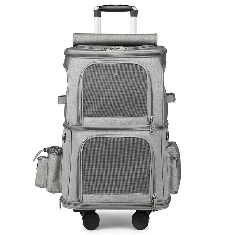Porta-aviões de dupla camada com rodas removíveis para pequenos animais, bolsa de viagem respirável, carrinho de conforto, caixa, 2 gatos cães - Image 1
