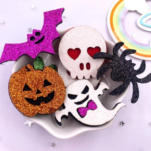 Tecido de Feltro Colorido com Glitter para Halloween - 10 Prêmios de Desenhos Animados: Crânio, Morcego, Aranha e Abóbora para DIY e Apliques de Cabelo