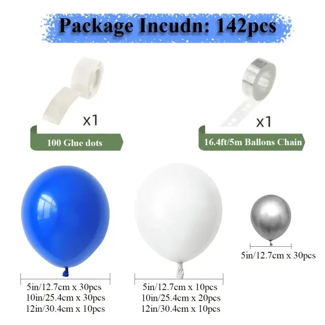 Conjunto de 142 peças de balões brancos e azuis para festas de aniversário e decorações de eventos especiais