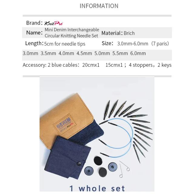 Conjunto de Agulhas Intercambiáveis Circular Knit Pro Mini Denim para Tricô de Suéter com Agulhas Removíveis