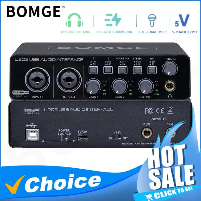 Interface de Áudio Bomge U202 com Pré-Amplificador de Microfone, Portas XLR, TSR e TS, 48V, 32 Bits, Resolução 192kHz para Gravação e Streaming em Computador