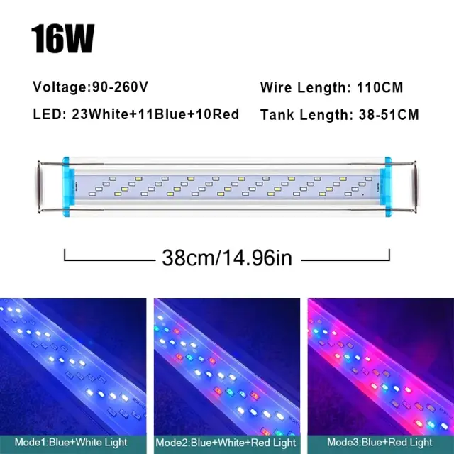 Iluminação RGB Super Slim para Aquário - Luz Extensível e Impermeável, 90-260V, Ideal para Plantas Aquáticas (18-58cm)