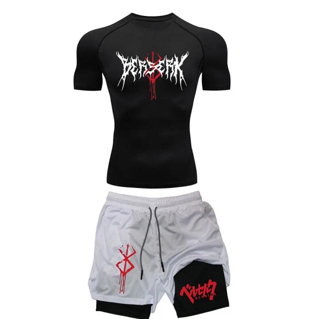 Conjunto de Compressão Berserk para Homens - Roupa de Fitness de Secagem Rápida com Camisa e Shorts de Performance para Ginásio e Corrida