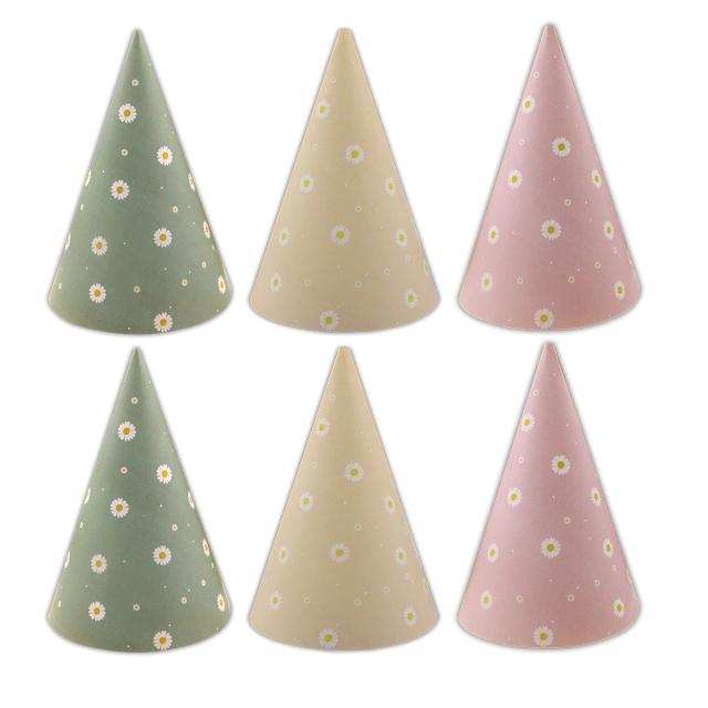 Chapéus de papel com design de margarida para festas infantis - Conjunto de 6 peças em verde, amarelo e rosa para aniversário e chá de bebê