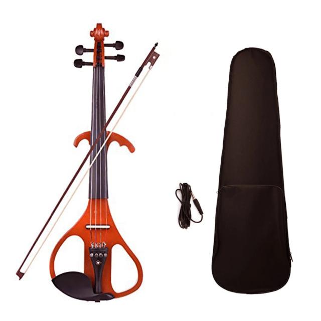 Violino Elétrico Silencioso 4/4 de Madeira Sólida com Arco de Brazilwood, Corda, Cabo de Conexão e Estojo Vermelho