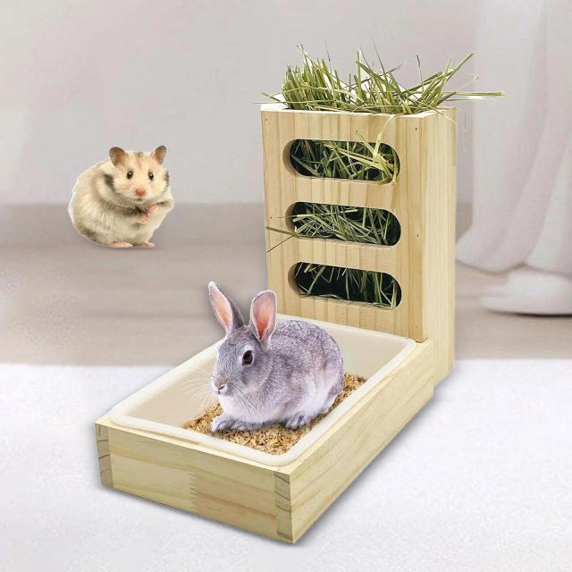 Alimentador de Feno para Coelhos com Caixa para Areia e Suporte para Pequenos Animais
