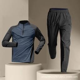 Camiseta esportiva masculina de atletismo, roupas de ginástica para corrida, roupas de treinamento com meia zip, calça de manga comprida de secagem rápida - Image 1