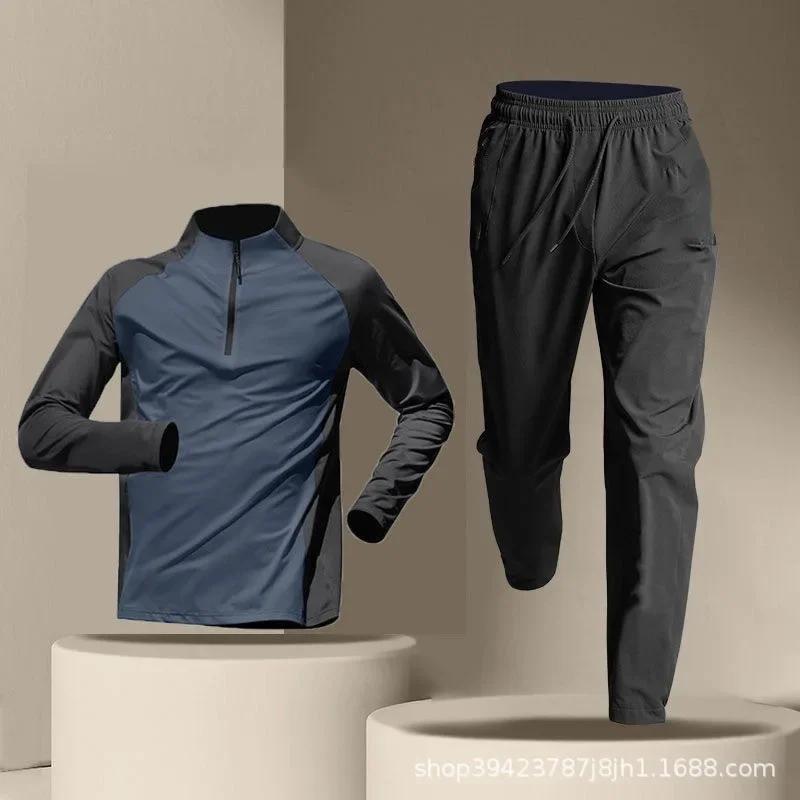 Camiseta esportiva masculina de atletismo, roupas de ginástica para corrida, roupas de treinamento com meia zip, calça de manga comprida de secagem rápida - Image 1